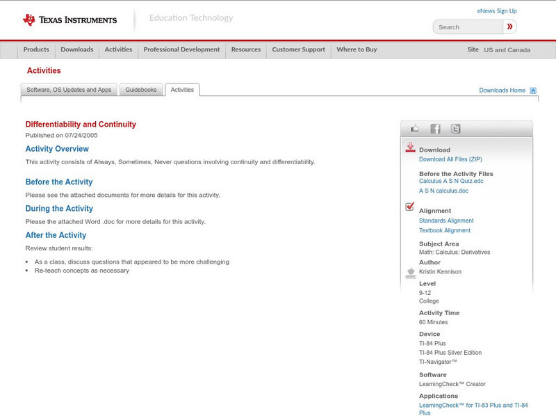 Texas Instruments: Differentiability and Continuity Activity Texas Instruments: Differentiability and Continuity Activity
