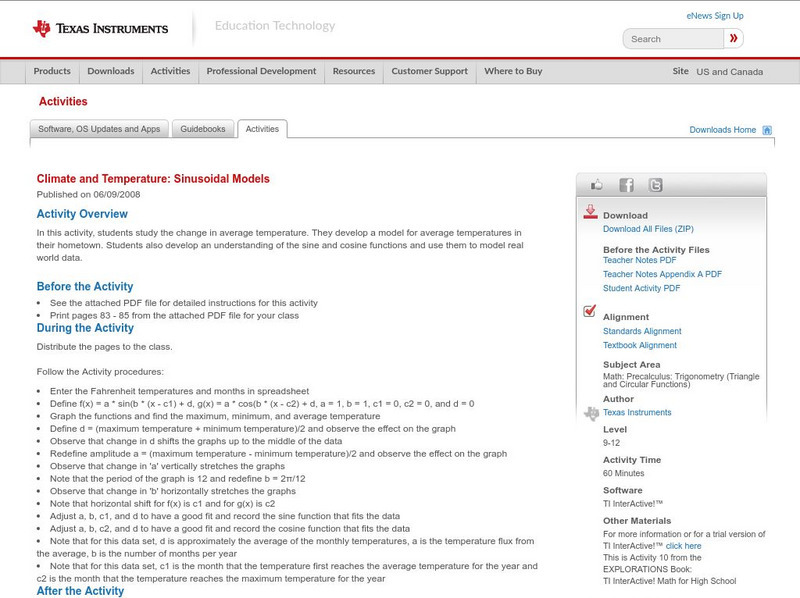 Texas Instruments: Climate and Temperature: Sinusoidal Models Activity Texas Instruments: Climate and Temperature: Sinusoidal Models Activity