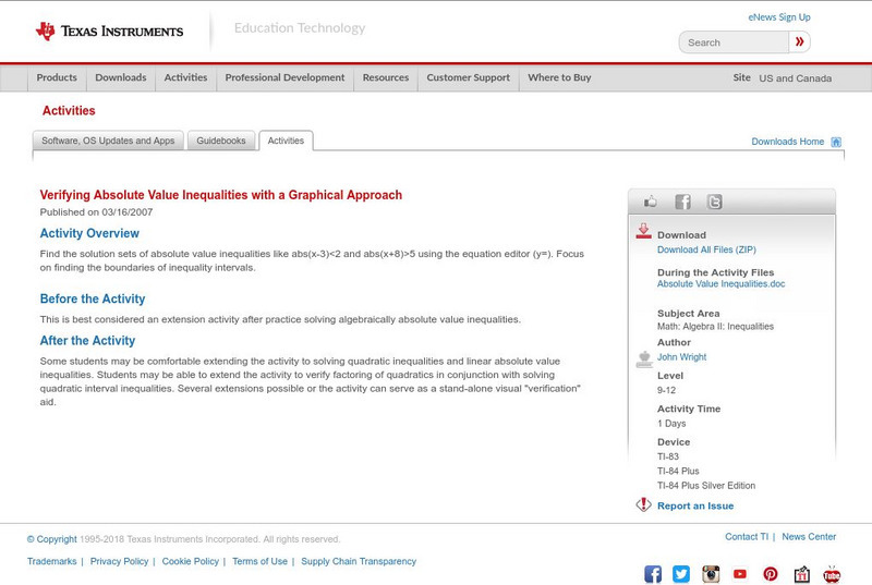 Texas Instruments: Verify Absolute Value Inequalities With a Graphical Approach Activity