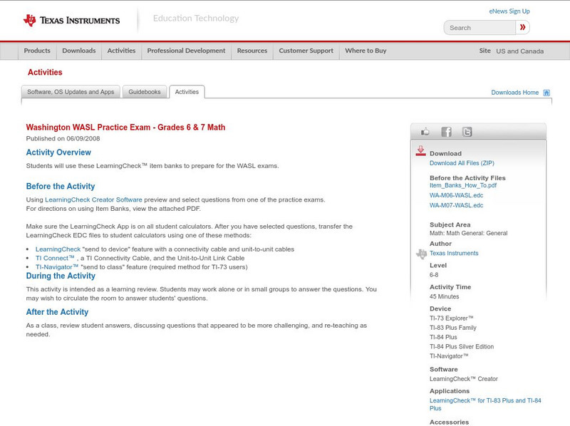 Texas Instruments: Washington Wasl Practice Exam Grades 6 & 7 Math Activity