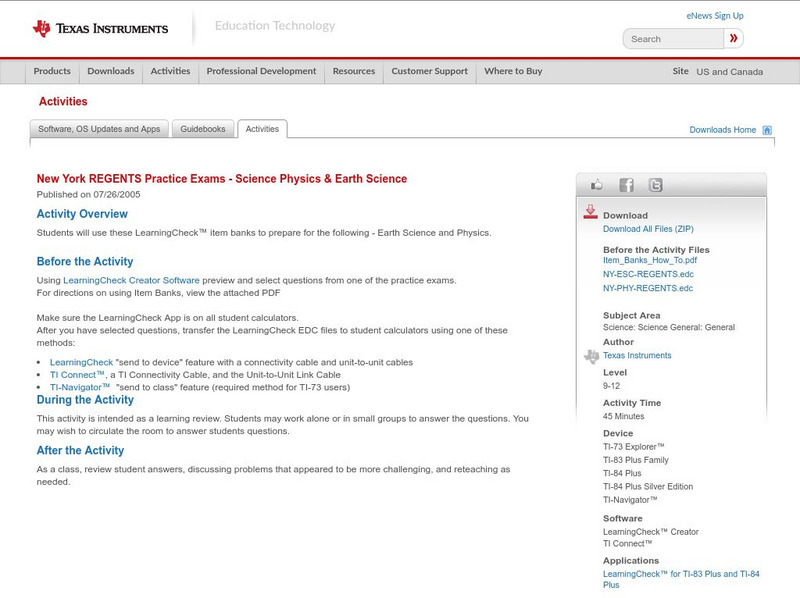 Texas Instruments: New York Regents Practice Exams Science Physics & Earth Sci Activity Texas Instruments: New York Regents Practice Exams Science Physics & Earth Sci Activity