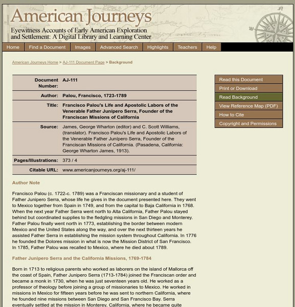 American Journeys: Background on Francisco Palou and Father Junipero Serra Handout American Journeys: Background on Francisco Palou and Father Junipero Serra Handout