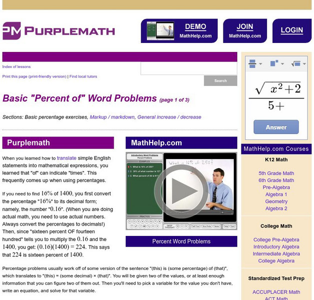 Purplemath: Basic "Percent Of" Word Problems Website Purplemath: Basic "Percent Of" Word Problems Website