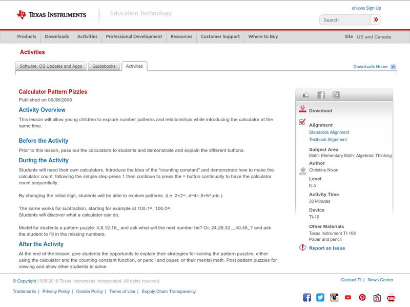 Texas Instruments: Calculator Pattern Pizzles Lesson Plan
