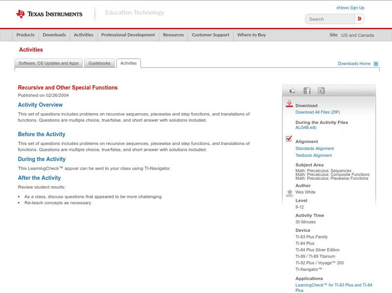 Texas Instruments: Recursive and Other Special Functions Activity Texas Instruments: Recursive and Other Special Functions Activity