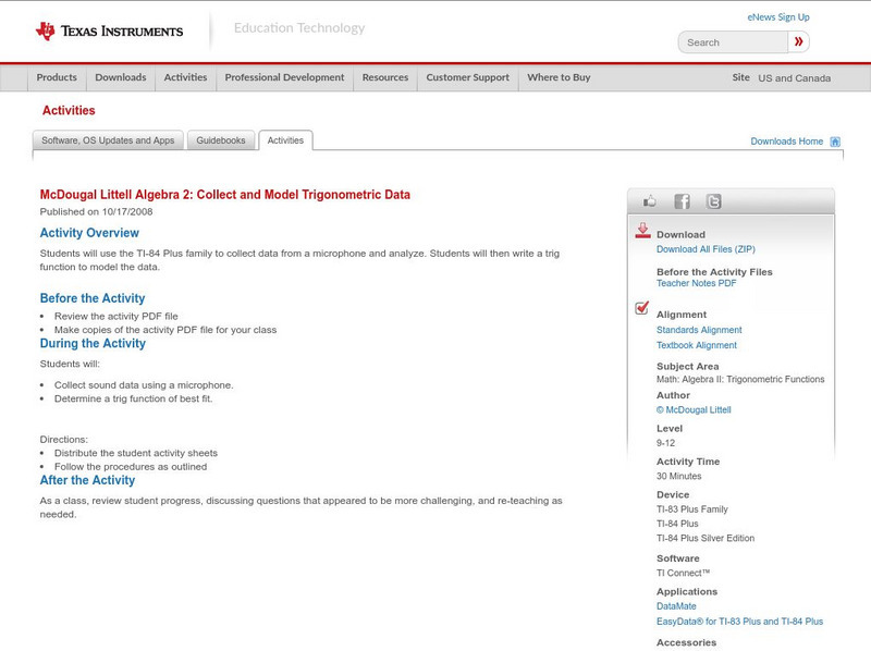 Texas Instruments: Mc Dougal Littell Algebra 2: Collect, Model Trigonometric Data Activity