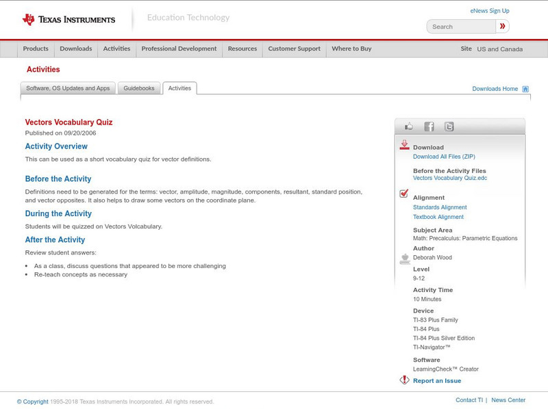 Texas Instruments: Vectors Vocabulary Quiz Activity