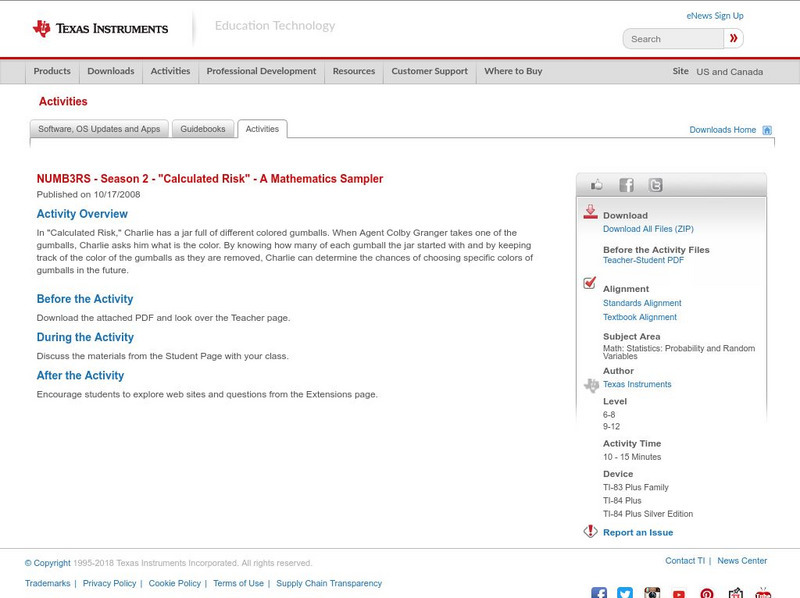 Texas Instruments: Numb3 Rs: A Mathematics Sampler Activity