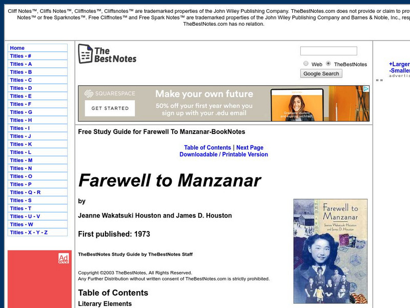 The Best Notes: Farewell to Manzanar by Jeanne and James D. Houston Unit Plan The Best Notes: Farewell to Manzanar by Jeanne and James D. Houston Unit Plan