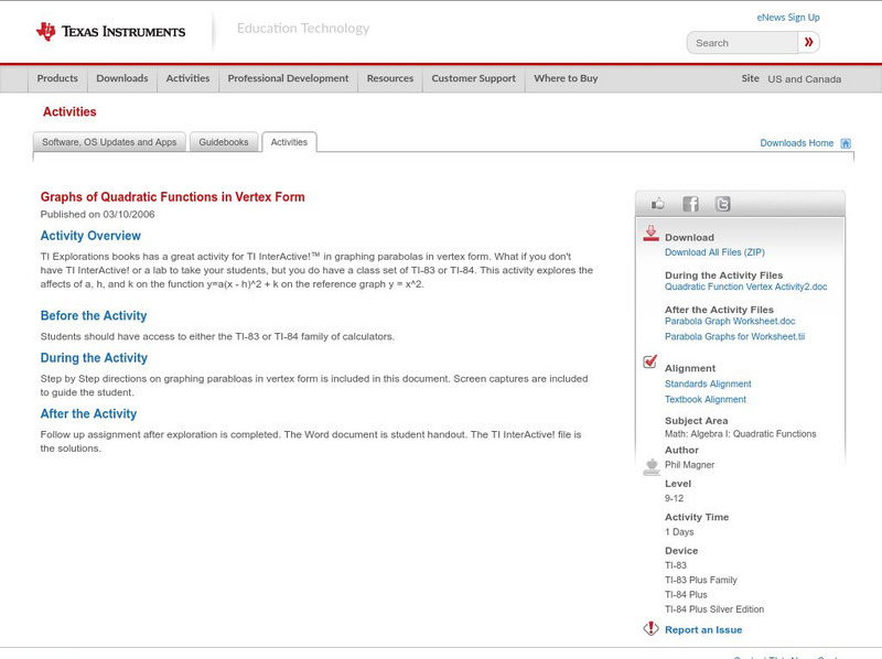 Texas Instruments: Graphs of Quadratic Functions in Vertex Form Activity Texas Instruments: Graphs of Quadratic Functions in Vertex Form Activity