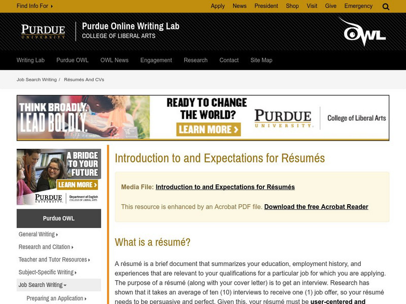 Purdue University Owl: Introduction and Expectations for Resumes Website