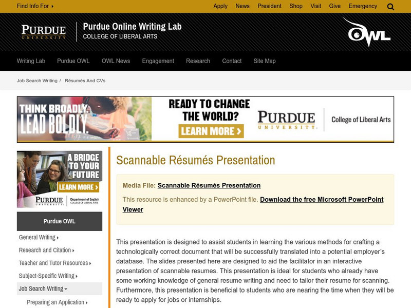 Purdue University Owl: Resumes and Vitas: Scannable Resumes: Power Point PPT Purdue University Owl: Resumes and Vitas: Scannable Resumes: Power Point PPT
