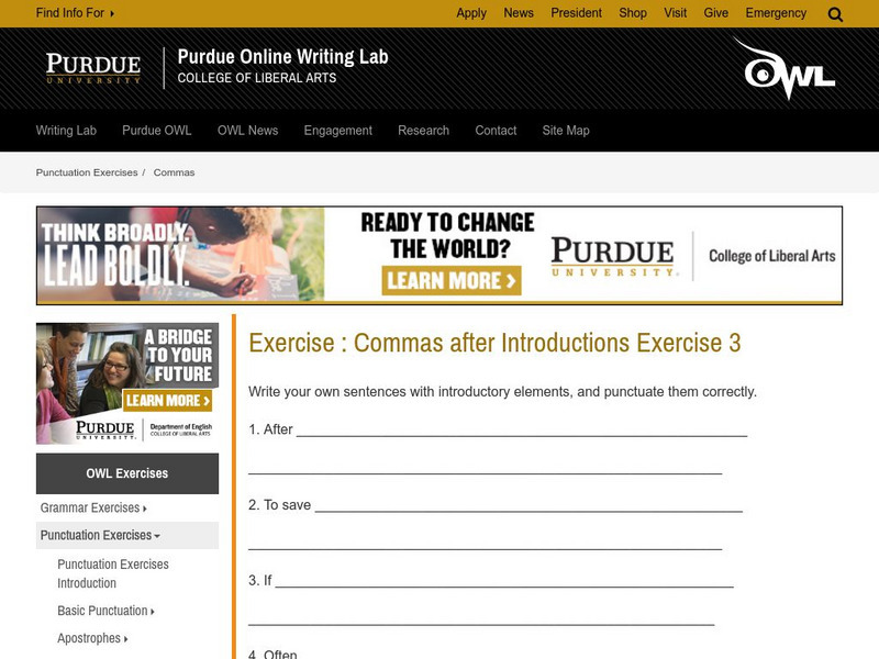 Purdue University Owl: Exercise : Commas After Introductions Exercise 3 Activity Purdue University Owl: Exercise : Commas After Introductions Exercise 3 Activity