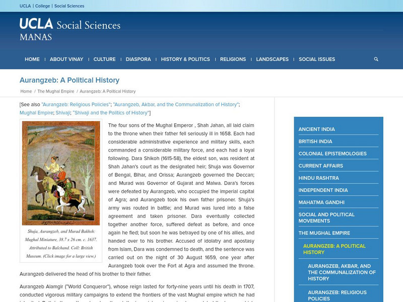 Ucla: Manas: Aurangzeb: A Political History Handout Ucla: Manas: Aurangzeb: A Political History Handout