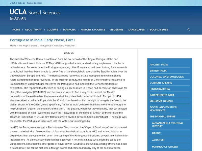 Ucla: Manas: The Portuguese in India: The Early Phase Part I Article Ucla: Manas: The Portuguese in India: The Early Phase Part I Article