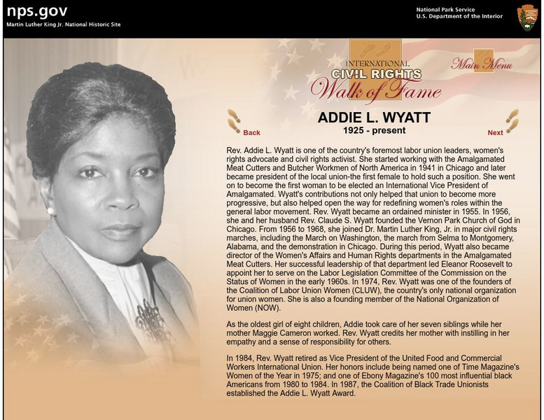 National Park Service: International Civil Rights Walk of Fame: Addie Wyatt Handout National Park Service: International Civil Rights Walk of Fame: Addie Wyatt Handout