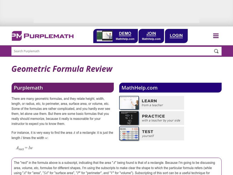 Purplemath: Geometric Formula Review Website Purplemath: Geometric Formula Review Website