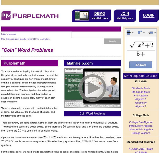 Purplemath: "Coin" Word Problems Website Purplemath: "Coin" Word Problems Website