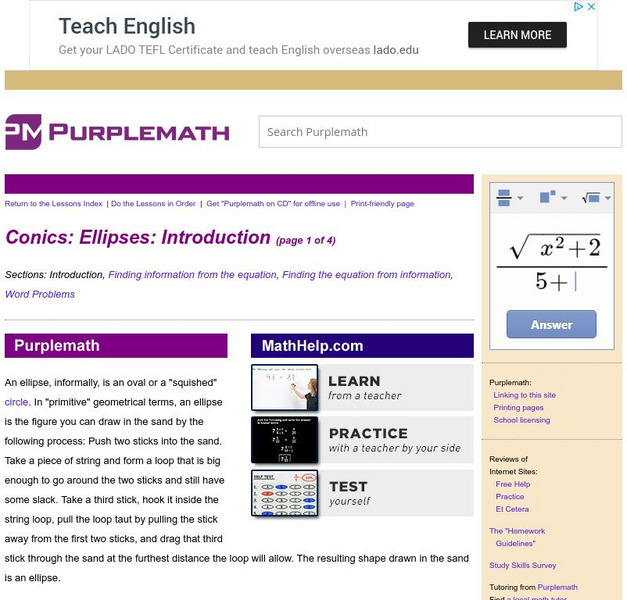 Purplemath: Conics: Ellipses: Introduction Website Purplemath: Conics: Ellipses: Introduction Website