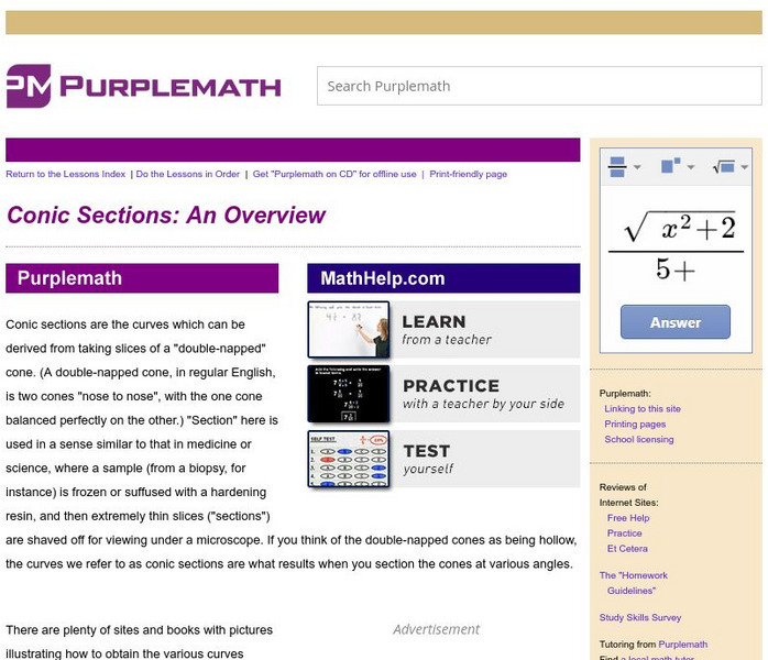 Purplemath: Conics: An Overview Handout Purplemath: Conics: An Overview Handout