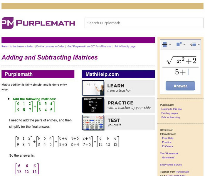 Purplemath: Adding and Subtracting Matrices Website
