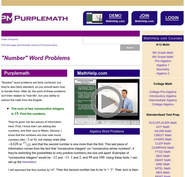 Purplemath: "Number" Word Problems Website Purplemath: "Number" Word Problems Website