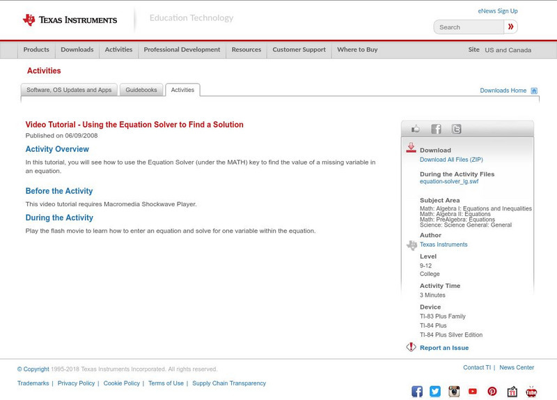 Texas Instruments: Using the Equation Solver to Find a Solution Activity Texas Instruments: Using the Equation Solver to Find a Solution Activity