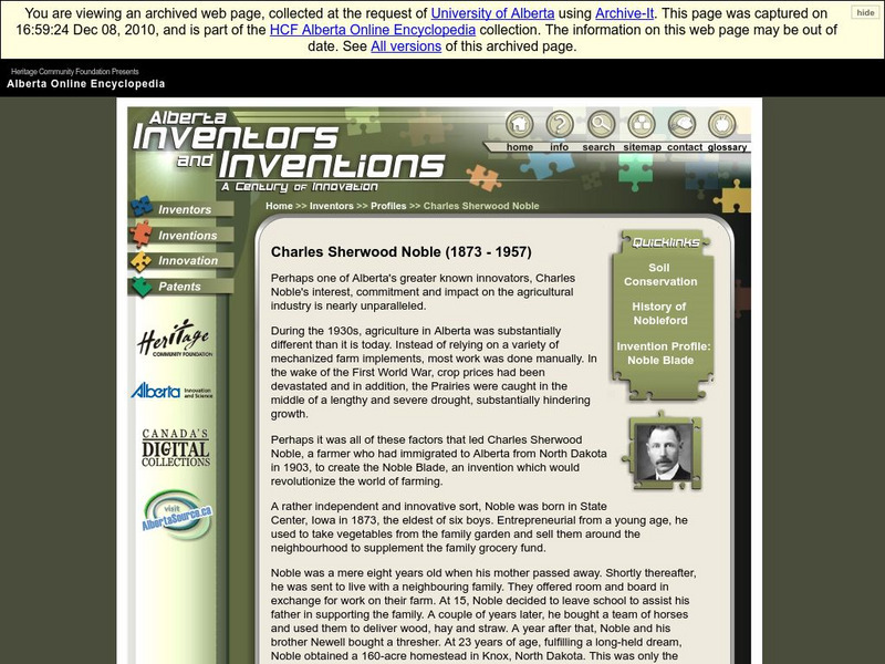 Alberta Online Encyclopedia: Alberta Inventors and Inventions: Charles Sherwood Noble Handout Alberta Online Encyclopedia: Alberta Inventors and Inventions: Charles Sherwood Noble Handout