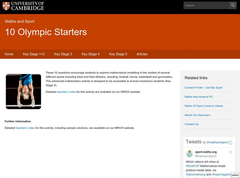 University of Cambridge: Maths and Sports: 10 Olympic Starters Activity University of Cambridge: Maths and Sports: 10 Olympic Starters Activity