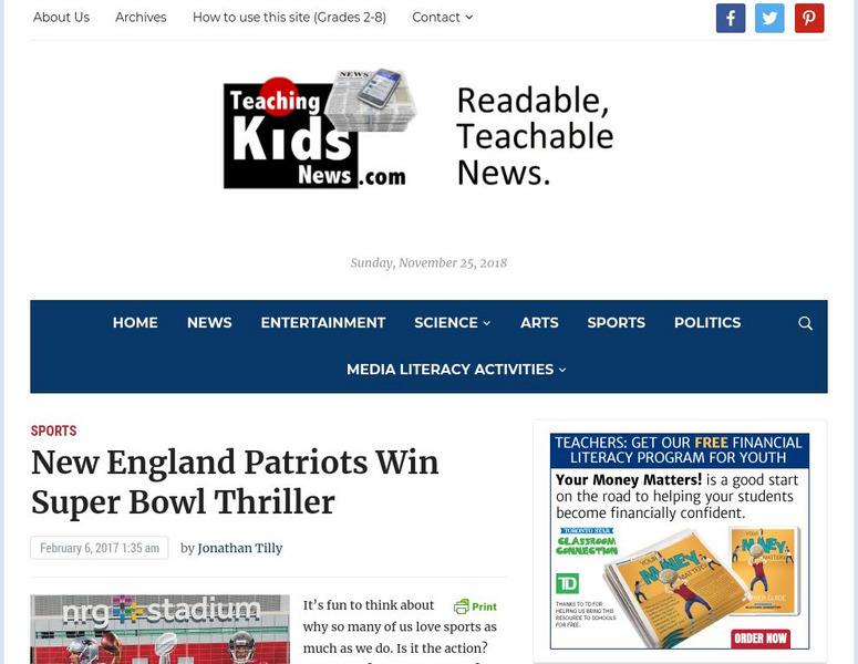Teaching Kids News: New England Patriots Win Super Bowl Thriller Article