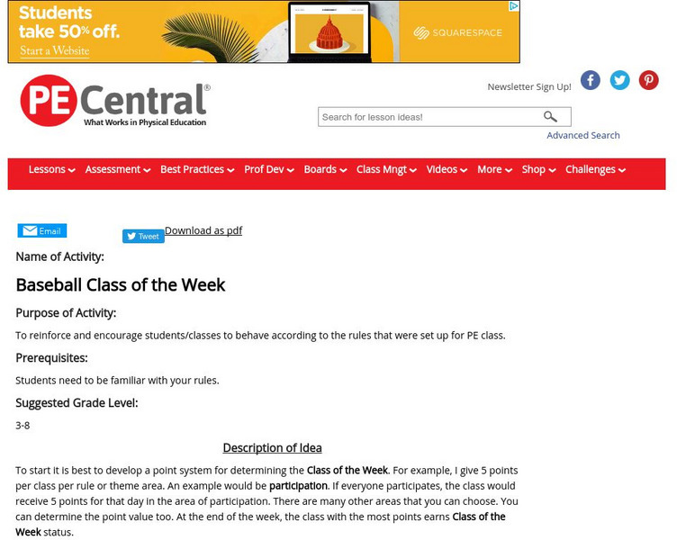 Pe Central: Baseball Class of the Week Activity Pe Central: Baseball Class of the Week Activity