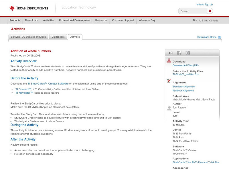 Texas Instruments: Addition of Whole Numbers Activity Texas Instruments: Addition of Whole Numbers Activity