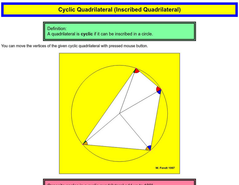 Walter Fendt: Cyclic Quadrilateral (Inscribed Quadrilateral) Interactive Walter Fendt: Cyclic Quadrilateral (Inscribed Quadrilateral) Interactive