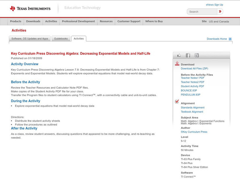 Texas Instruments: Discovering Algebra: Decreasing Exponential Model & Half Life Activity Texas Instruments: Discovering Algebra: Decreasing Exponential Model & Half Life Activity