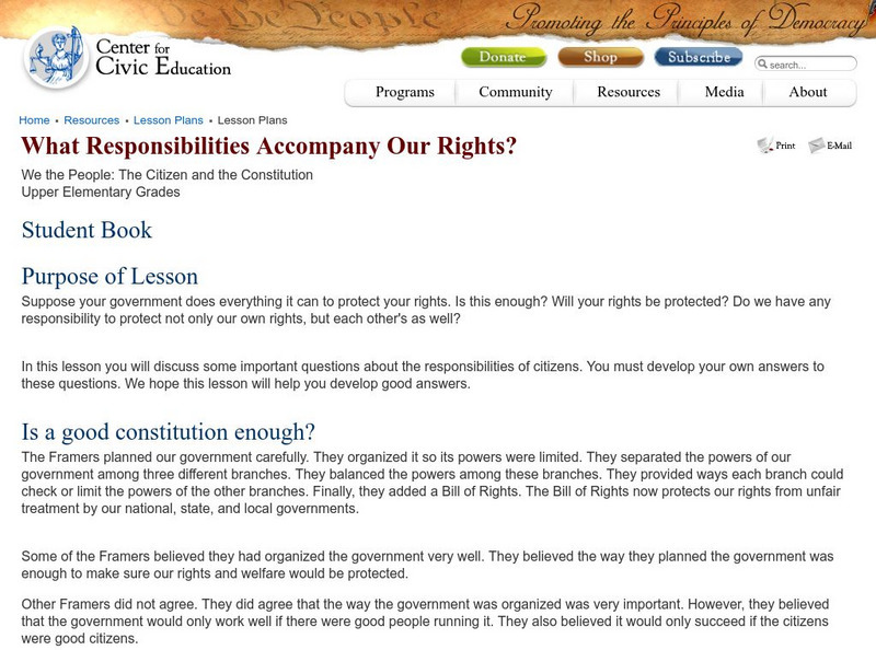 Center for Civic Education: What Responsibilities Accompany Our Rights? Lesson Plan Center for Civic Education: What Responsibilities Accompany Our Rights? Lesson Plan