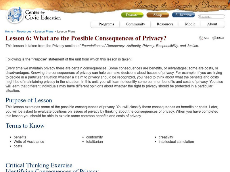 Center for Civic Education: What Are the Possible Consequences of Privacy? Lesson Plan Center for Civic Education: What Are the Possible Consequences of Privacy? Lesson Plan