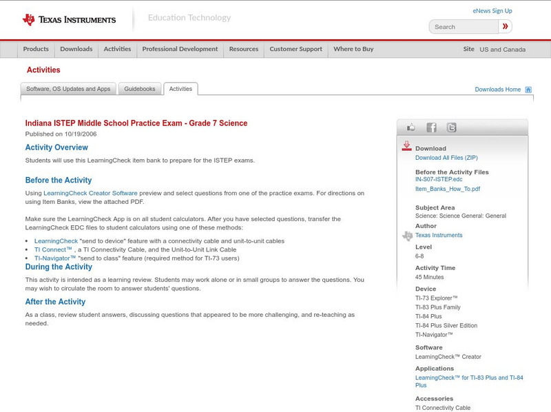 Texas Instruments: Indiana Istep Middle School Practice Exam Grade 7 Science Activity