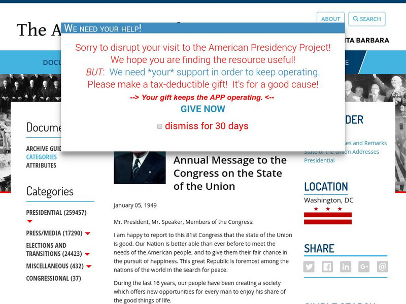 American Presidency Project: Harry S. Truman: State of the Union Message, 1949 Primary American Presidency Project: Harry S. Truman: State of the Union Message, 1949 Primary