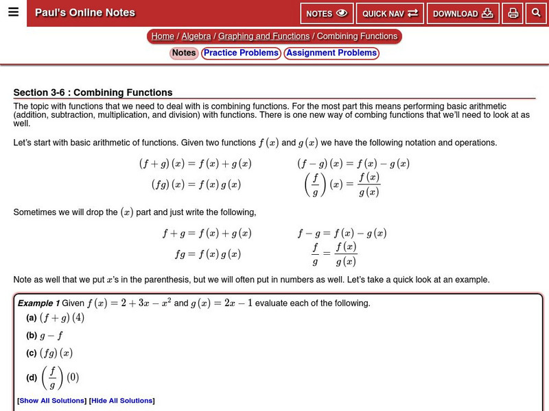 Paul's Online Notes: Algebra: Combining Functions Unit Plan Paul's Online Notes: Algebra: Combining Functions Unit Plan