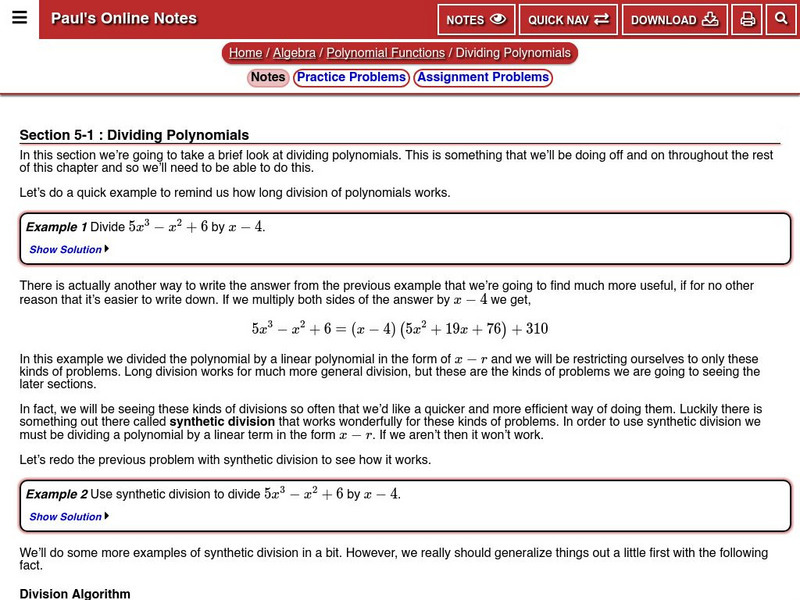 Paul's Online Notes: Algebra: Dividing Polynomials Handout Paul's Online Notes: Algebra: Dividing Polynomials Handout