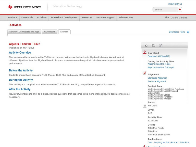 Texas Instruments: Algebra Ii and the Ti 83+ Activity Texas Instruments: Algebra Ii and the Ti 83+ Activity