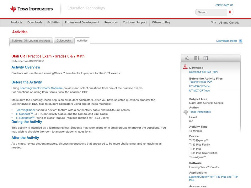 Texas Instruments: Utah Crt Practice Exam Grades 6 & 7 Math Activity