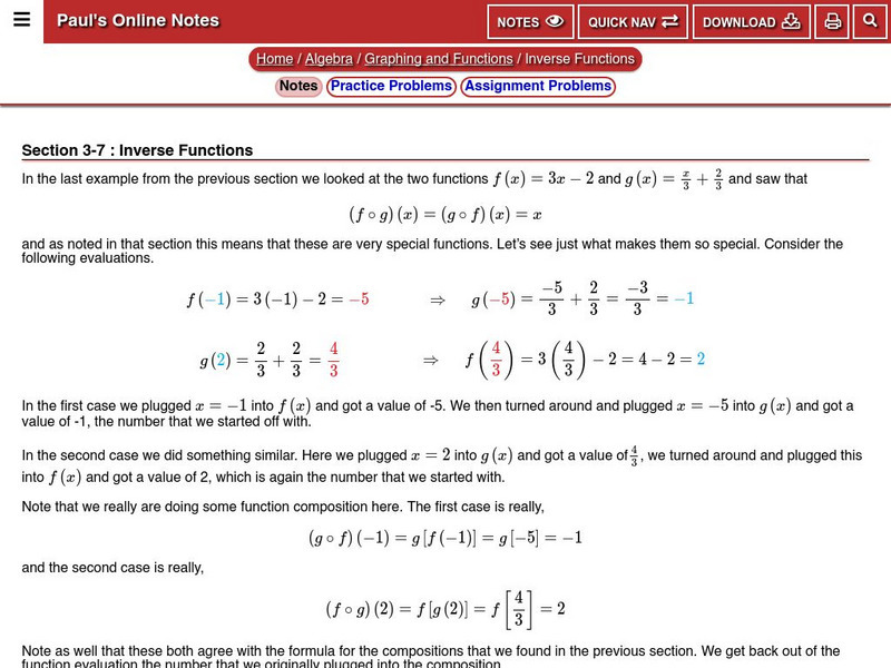 Paul's Online Notes: Algebra: Inverse Functions Handout Paul's Online Notes: Algebra: Inverse Functions Handout