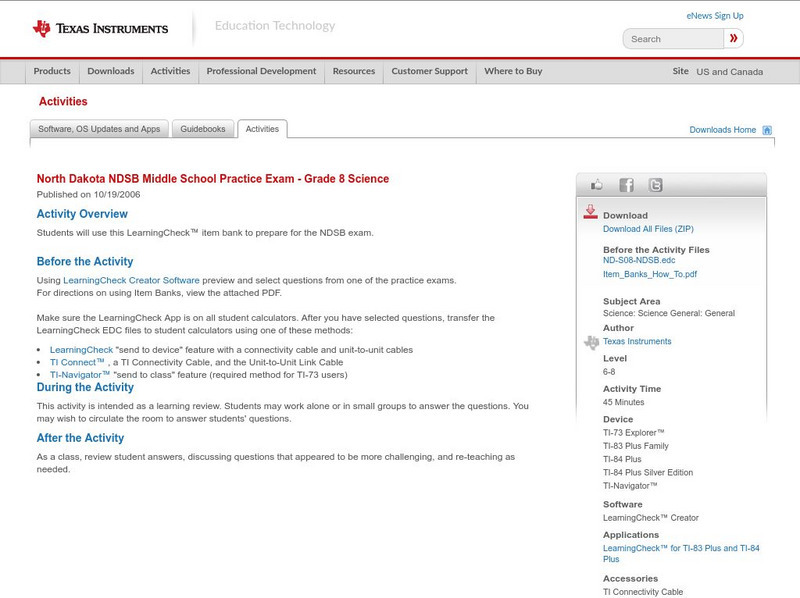 Texas Instruments: North Dakota Middle School Practice Exam Grade 8 Science Activity