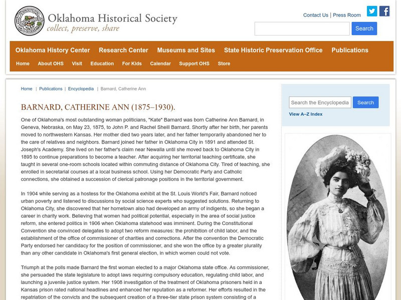 Encyclopedia of Oklahoma History and Culture: Kate Barnard Handout Encyclopedia of Oklahoma History and Culture: Kate Barnard Handout