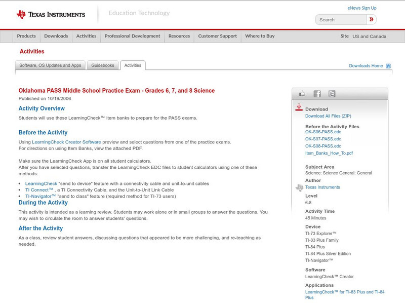 Texas Instruments: Oklahoma Pass Middle School Practice Exam Grades 6, 7, And Activity