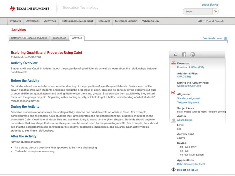 Texas Instruments: Exploring Quadrilateral Properties Using Cabri Activity Texas Instruments: Exploring Quadrilateral Properties Using Cabri Activity