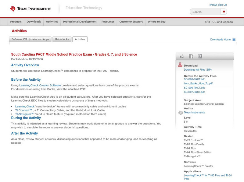 Texas Instruments: South Carolina Middle School Practice Exam: 6, 7 & 8 Science Activity