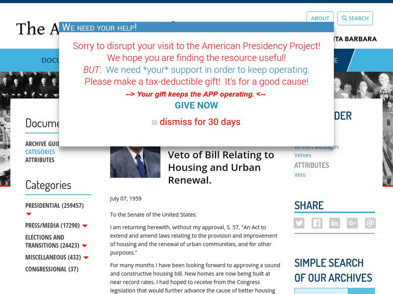 American Presidency Project: Veto of the Second Housing and Urban Renewal Bill Primary American Presidency Project: Veto of the Second Housing and Urban Renewal Bill Primary