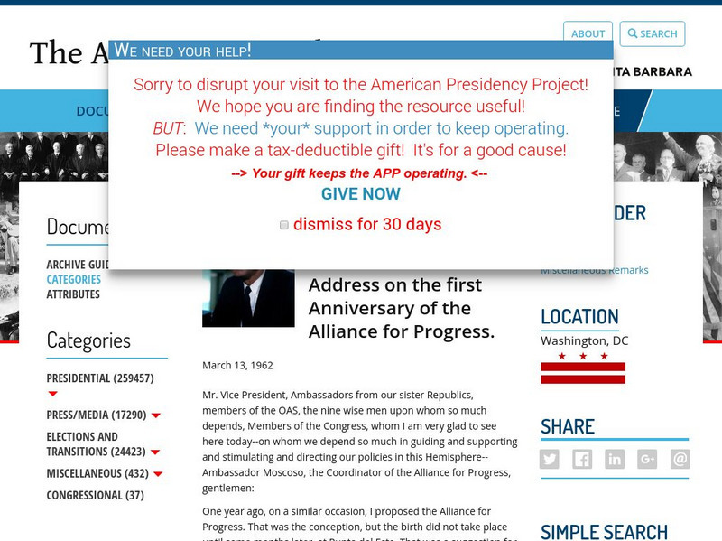 American Presidency Project: First Anniversary of the Alliance for Progress Primary American Presidency Project: First Anniversary of the Alliance for Progress Primary